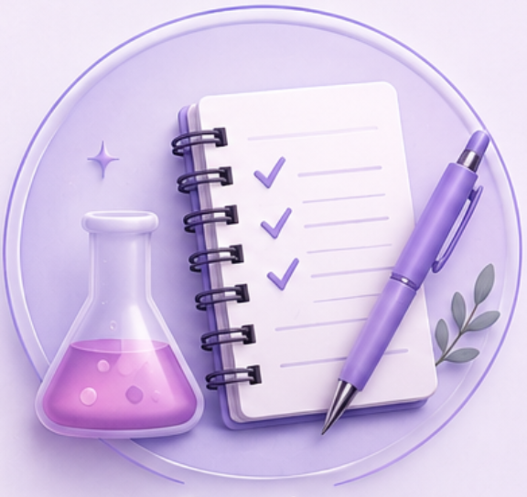 A purple themed flat lay featuring a spiral notebook with three checkmarks, a purple pen, a small plant, a test tube with pink liquid, and a decorative star, all on a round purple tray.
