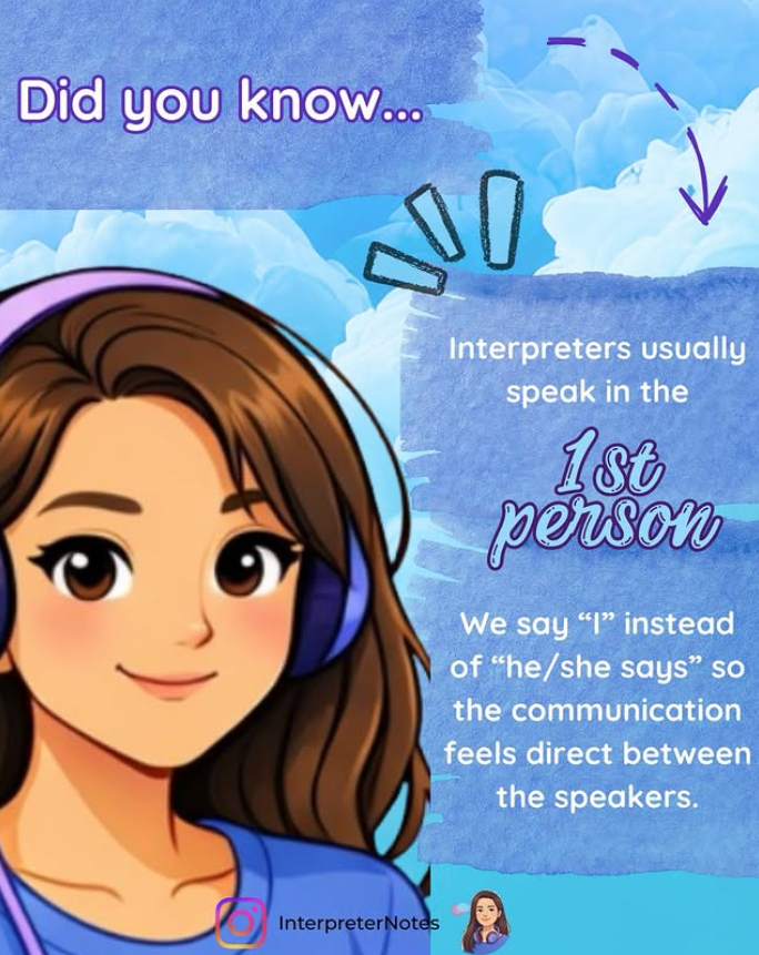 Illustration of a young woman with long brown hair wearing headphones, with a blue background featuring clouds. Text explains that interpreters usually speak in the first person, saying 'I' instead of 'he/she says' to make communication feel more direct.
