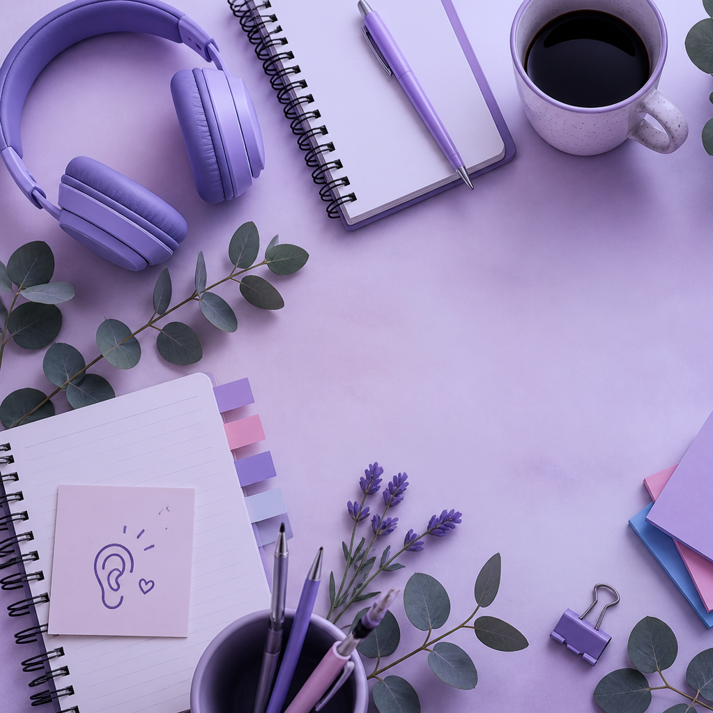 A flat lay of a lavender-themed workspace with purple headphones, a notebook with a purple pen, a cup of coffee, a plant, sticky notes, and purple pens, all arranged on a purple surface.