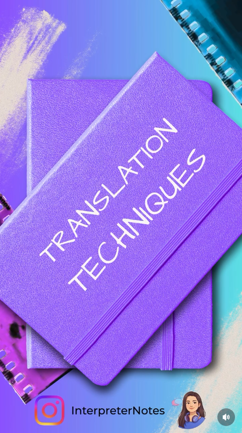 A purple notebook with the words "Translation Techniques" written on the cover, surrounded by colorful stationery and a gradient background.