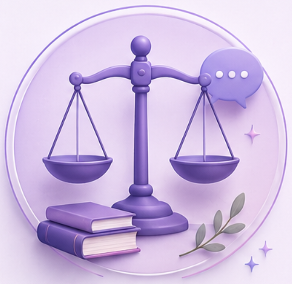 A purple scale with two bowls, three closed books, a branch with leaves, a speech bubble with three dots, and decorative sparkles on a light purple background.