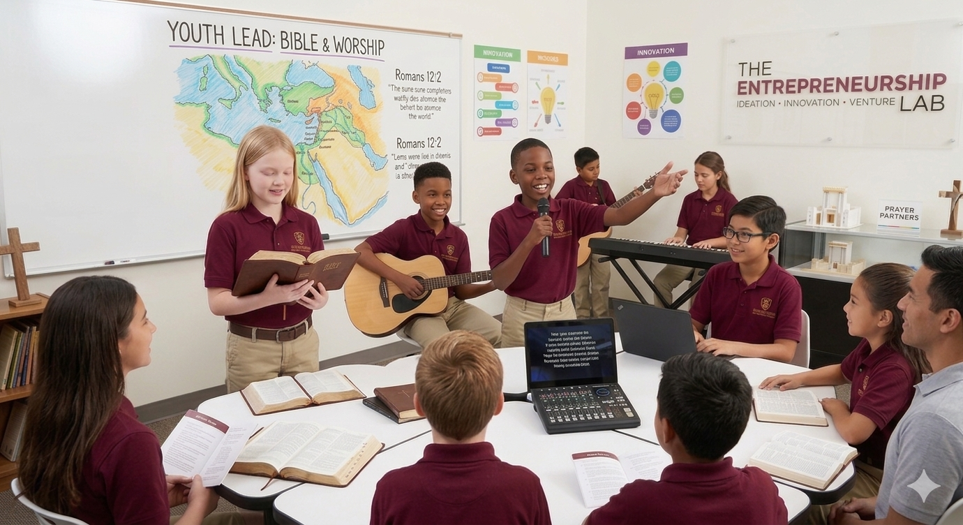 Young students in maroon uniforms standing and sitting around a table in a classroom, giving a presentation with one girl holding a book, a boy playing guitar, and another pointing with a microphone, with posters on the wall about Bible, worship, and entrepreneurship.