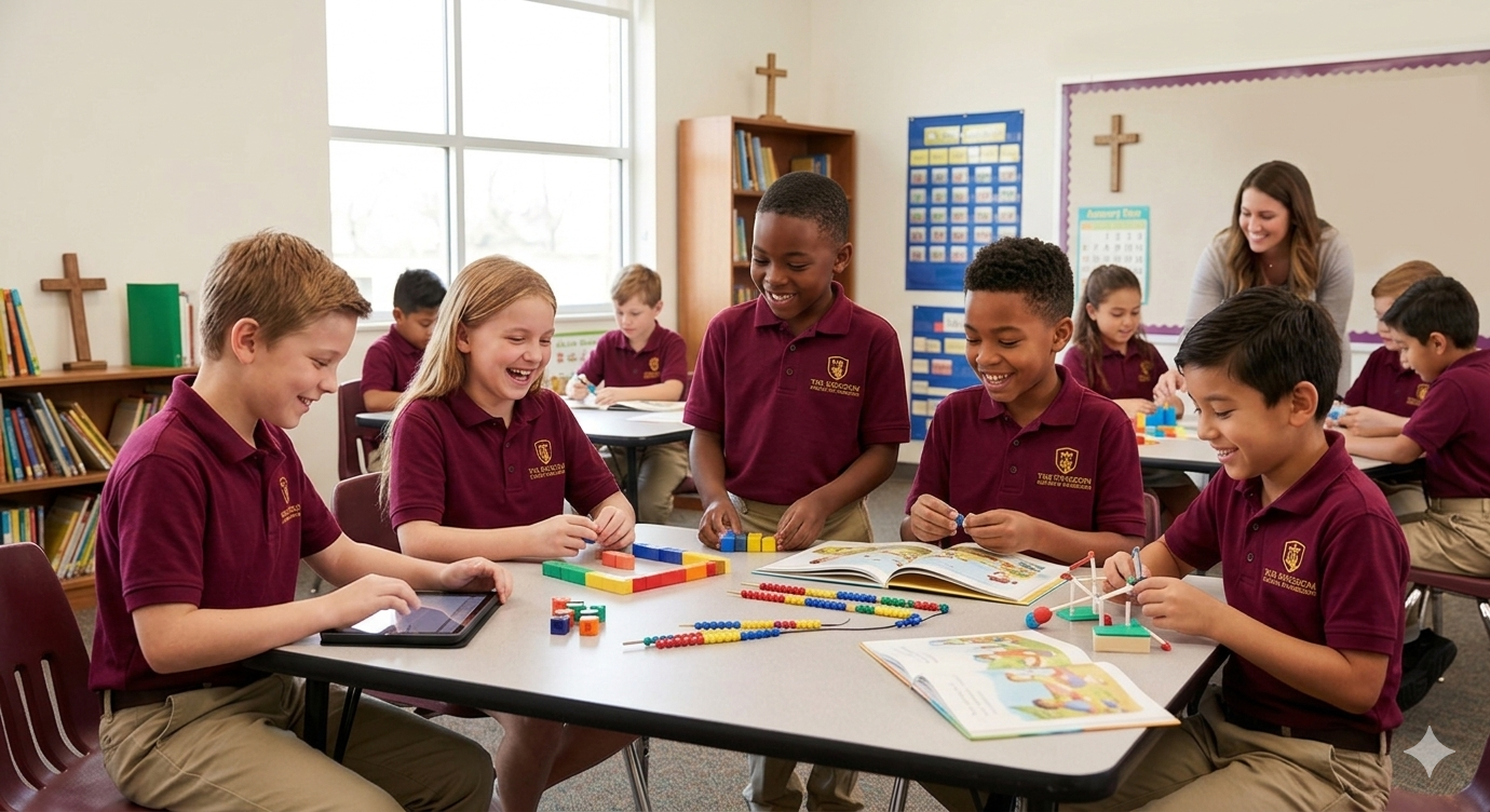 Students in uniform playing with educational toys in a classroom while a teacher looks on.