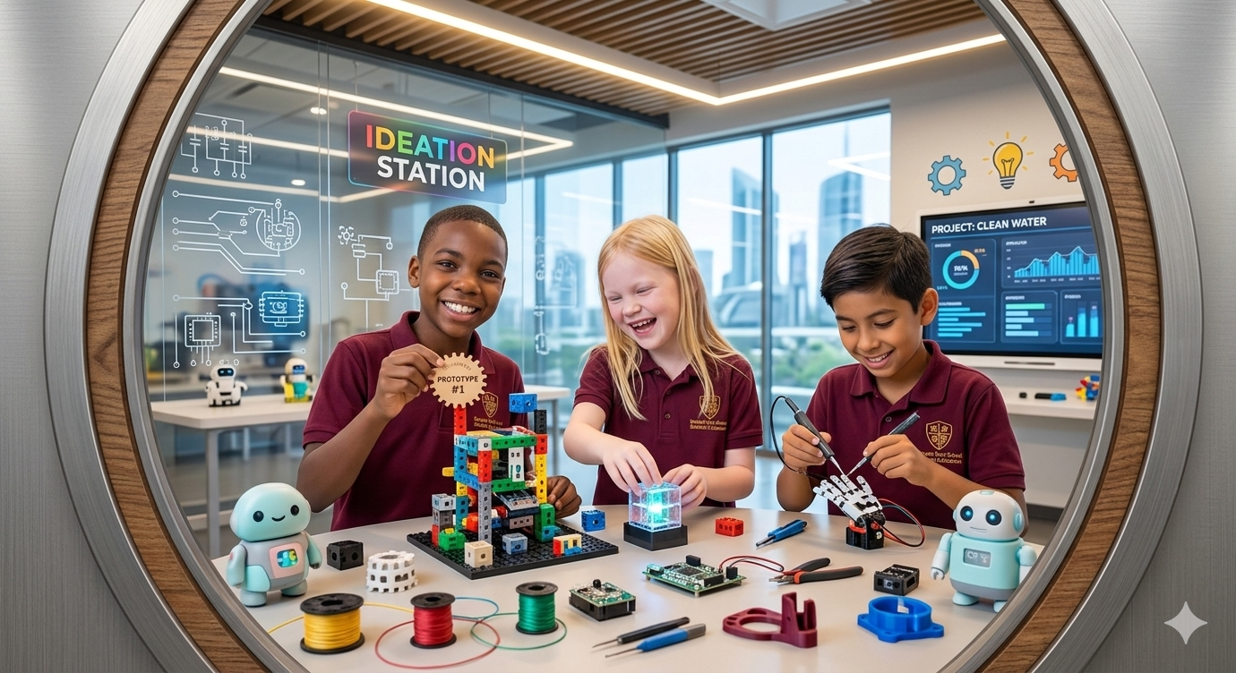 Three children in maroon shirts working on robotics and electronics projects at an idea creation station, with robots and electronic components on the table.