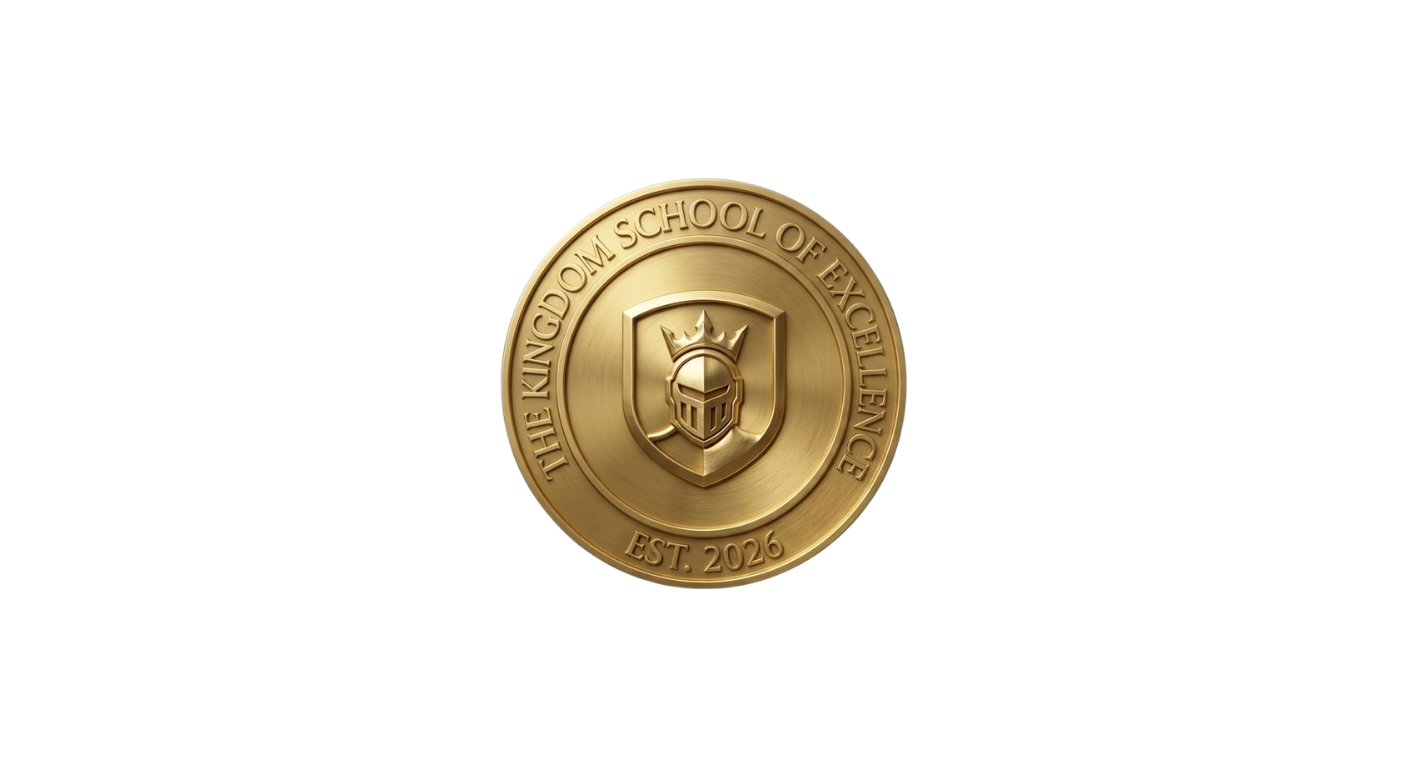 Gold medal with a shield emblem and the text 'The Kingdom School of Excellence Est. 2026'