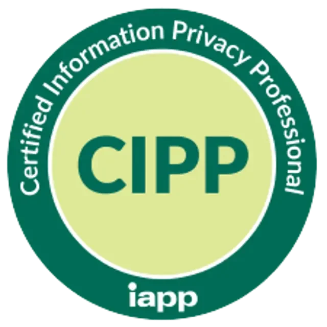 CIPP certification badge with a green circular border and a light green center, displaying the words 'Certified Information Privacy Professional' around the edge and 'CIPP' in the middle.