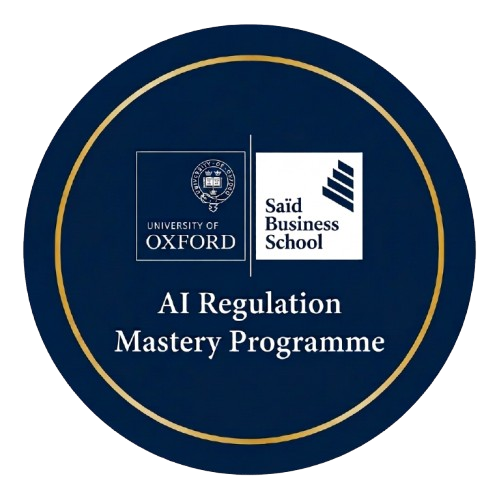 Circular logo with blue background and gold border, featuring logos for University of Oxford and Saïd Business School, with white text reading 'AI Regulation Mastery Programme'.