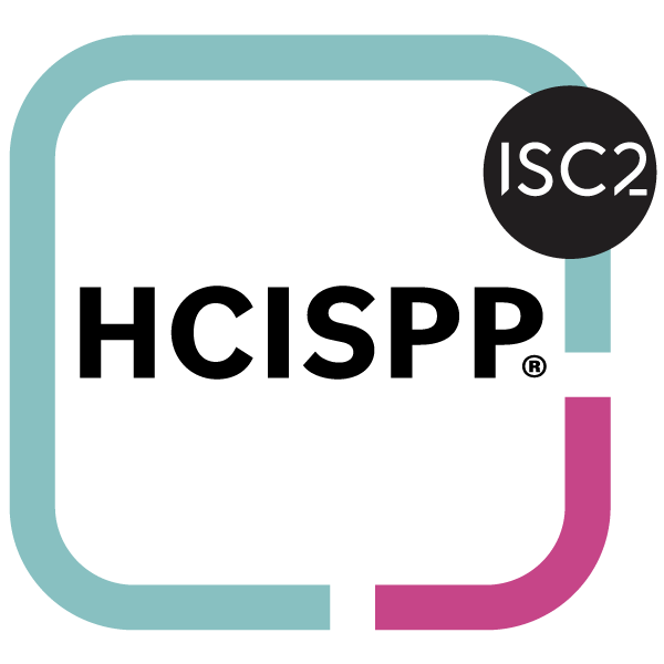 Logo for ISC2 featuring a stylized square with rounded corners, with a light blue border on the top and left sides, and a pink border on the bottom and right sides, with the black circle on the top right corner containing the white text 'ISC2'.