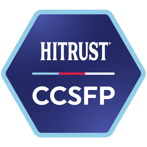 Logo with hexagon shape featuring the words "HITRUST" and "CCSFP" in bold white letters, with a horizontal line and small red segment in between.