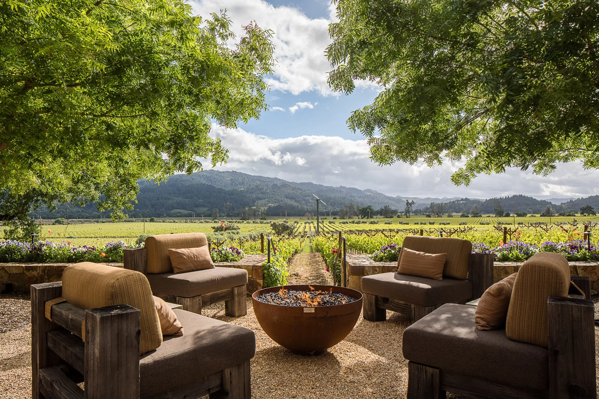 Outdoor seating with chairs and pillows overlooking a vineyard and rolling hills under cloudy sky.