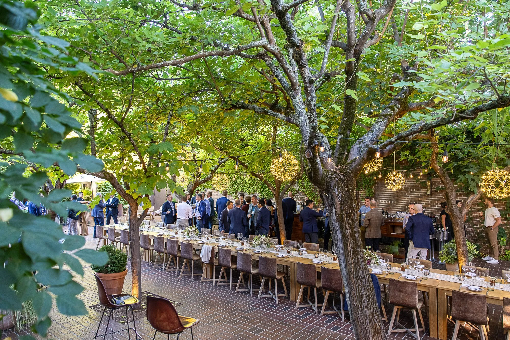 People gathered outdoors under a large tree decorated with string lights, with tables set for a meal in a brick courtyard, suggesting a social event or party.