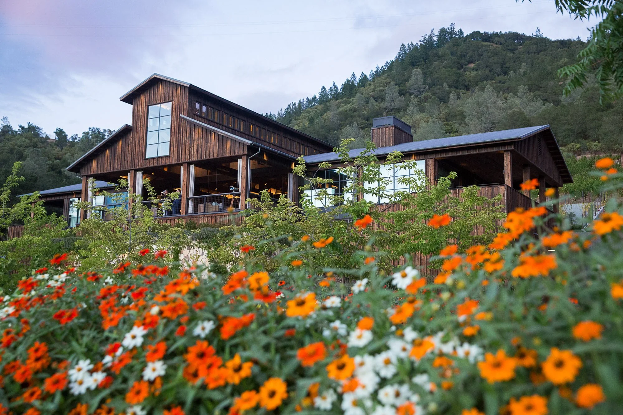 A modern wooden house with large windows is set against a forested mountain background, surrounded by colorful flowers in the foreground.