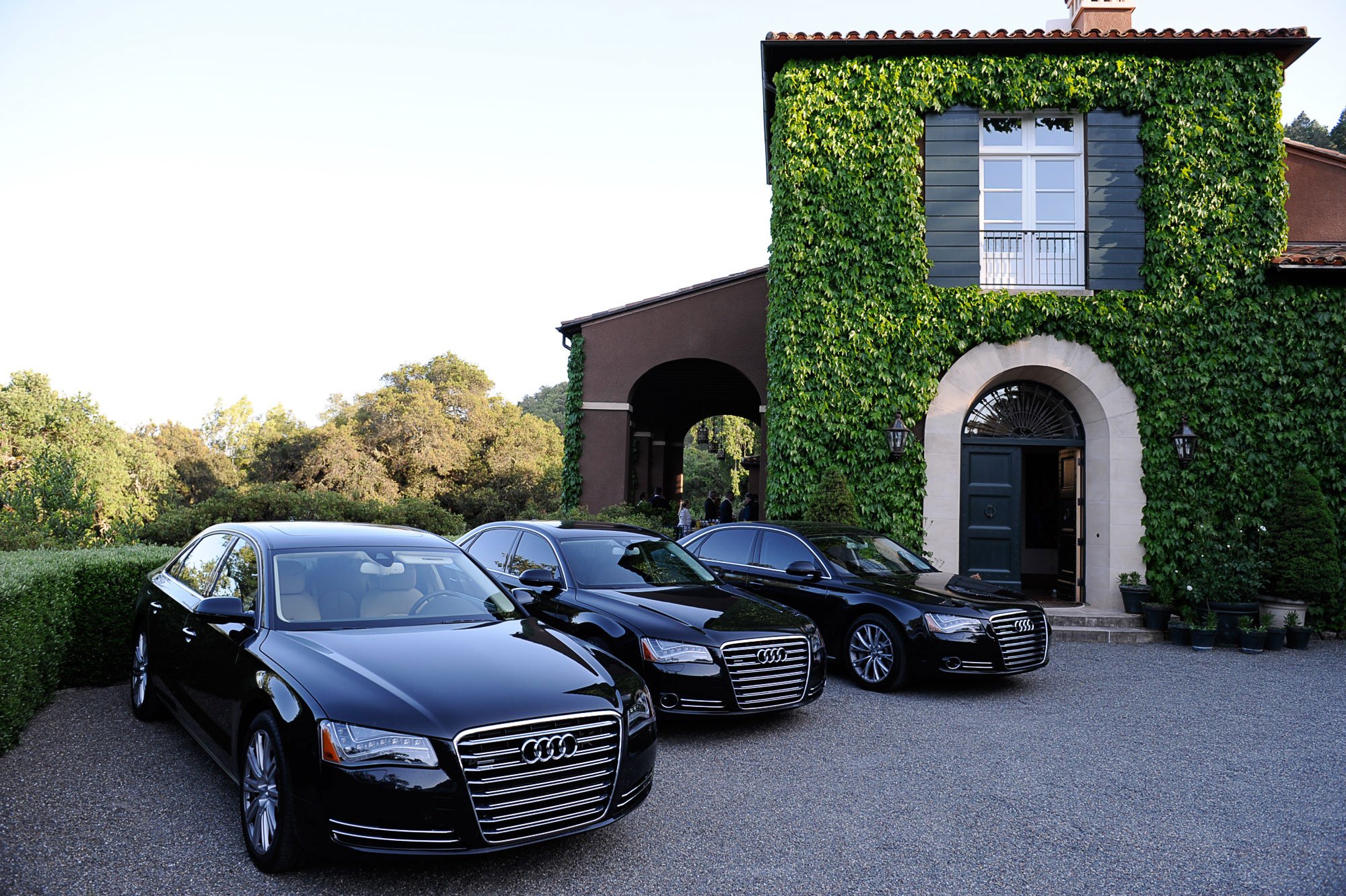 Black Audi cars parked outside a building with green ivy covering part of the facade and a balcony with glass doors
