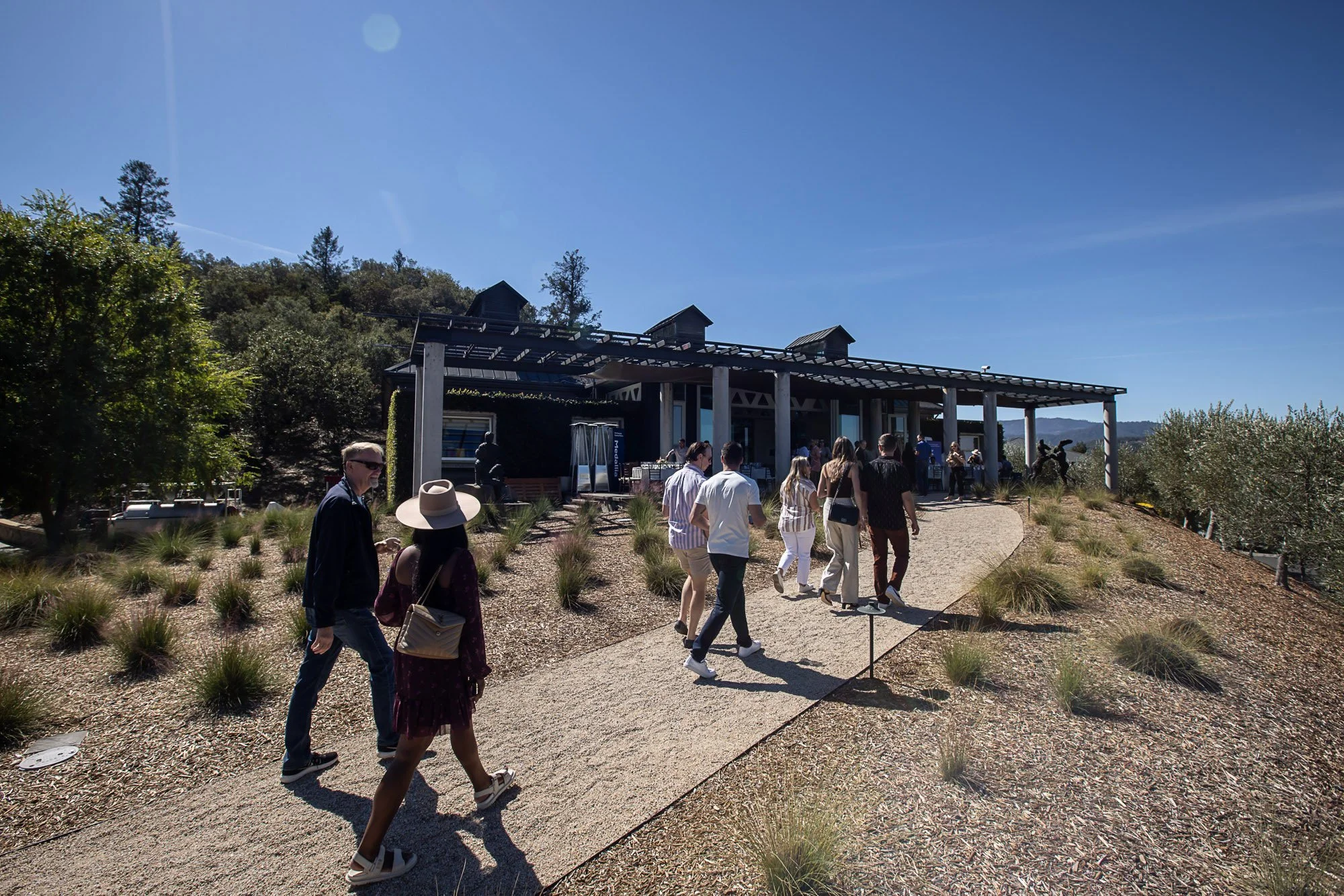 People walking outside a modern building with a patio, surrounded by trees and plants, on a sunny day.