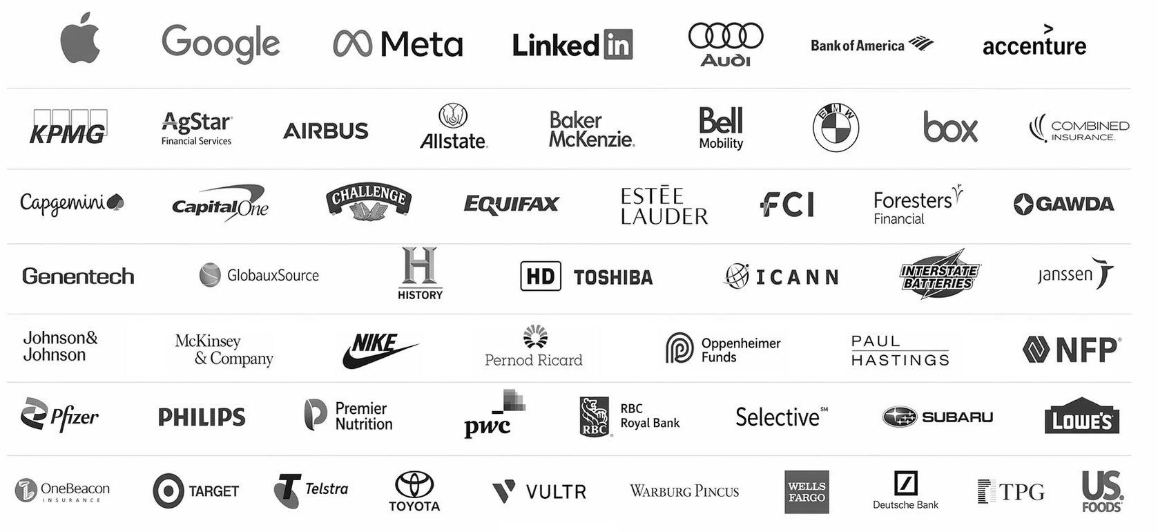 A collection of corporate logos including Apple, Google, Meta, LinkedIn, Audi, Bank of America, Accenture, KPMG, AgStar, Airbus, Allstate, Baker McKenzie, Bell Mobility, BMW, Box, GAWDA, Capgemini, Capital One, Challenge, Equifax, Estée Lauder, FCI, Foresters Financial, Genentech, GlobauxSource, History Channel, Toshiba, ICANN, Interstate Batteries, Janssen, Johnson & Johnson, Nike, Pernod Ricard, Oppenheimer Funds, NFP, Pfizer, Philips, Premier Nutrition, PwC, RBC Royal Bank, Selective, Subaru, Lowe's, OneBeacon Insurance, Target, Telstra, Toyota, Vultr, Warburg Pincus, Wells Fargo, Deutsche Bank, TPG, US Foods.
