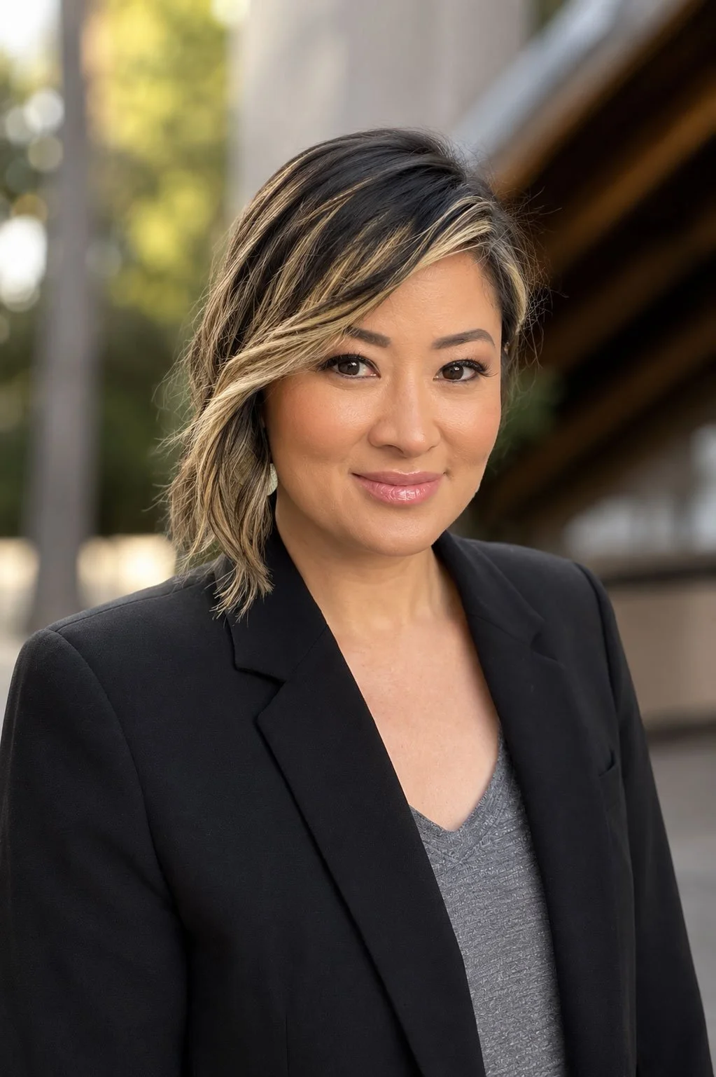 A woman with shoulder-length blonde hair with dark roots, wearing a black blazer and a gray top, smiling outdoors with trees and a wooden structure in the background.