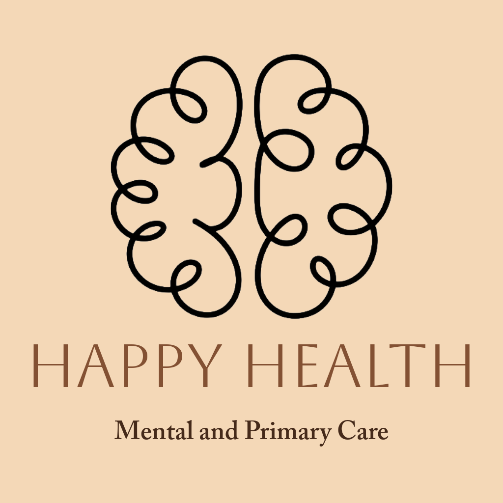 Logo with a stylized black line drawing of a brain on a beige background. Below, the words 'HAPPY HEALTH' in large brown font and 'Mental and Primary Care' in smaller black font.