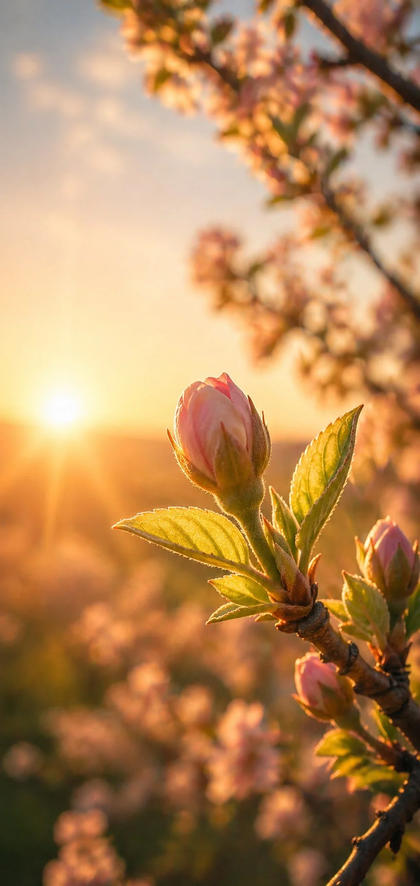 Close-up of a pink flower bud on a branch during sunset with blurred background.