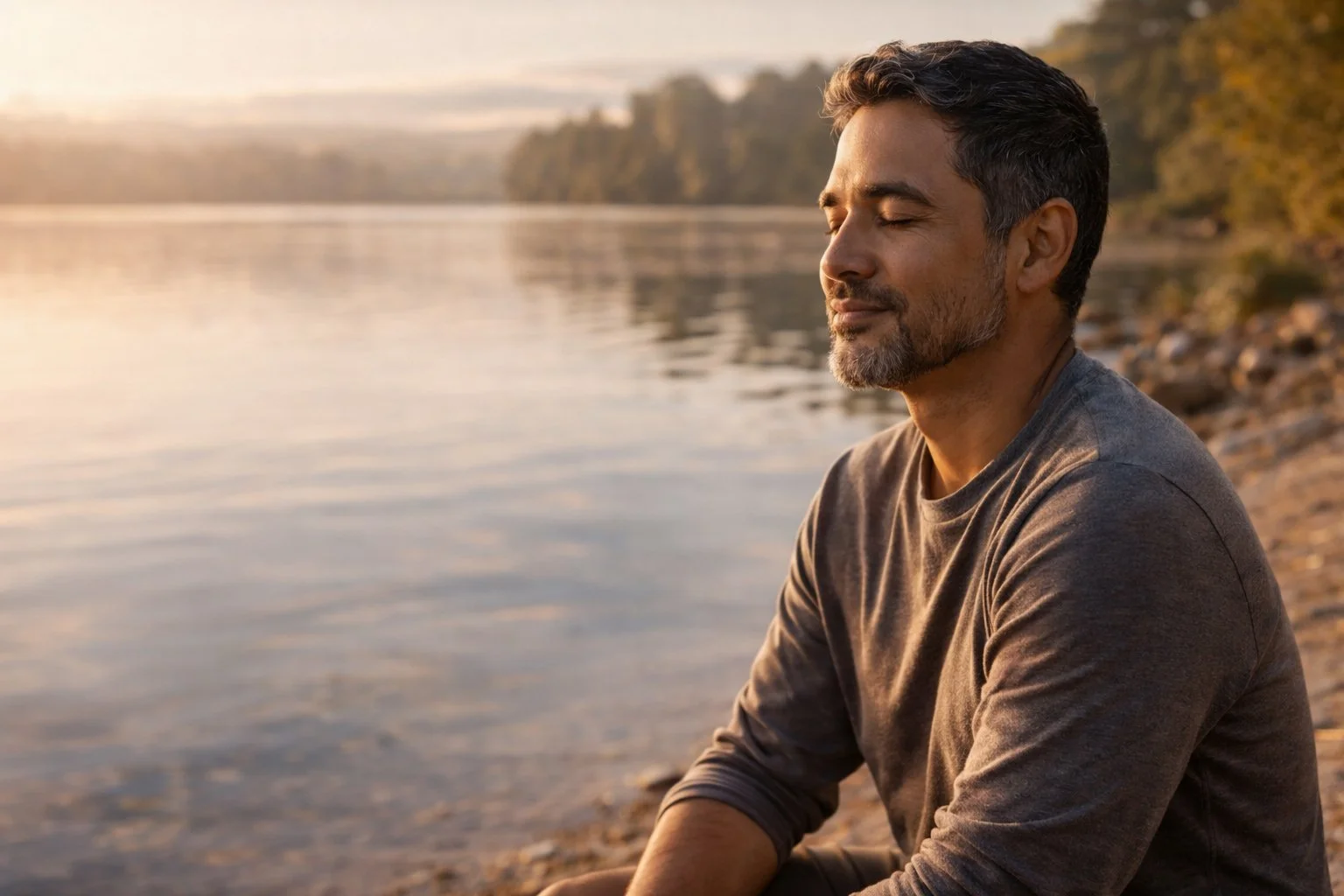 A middle-aged man with dark hair and a beard, sitting peacefully on a rocky lakeshore with his eyes closed during sunset, enjoying tranquility.