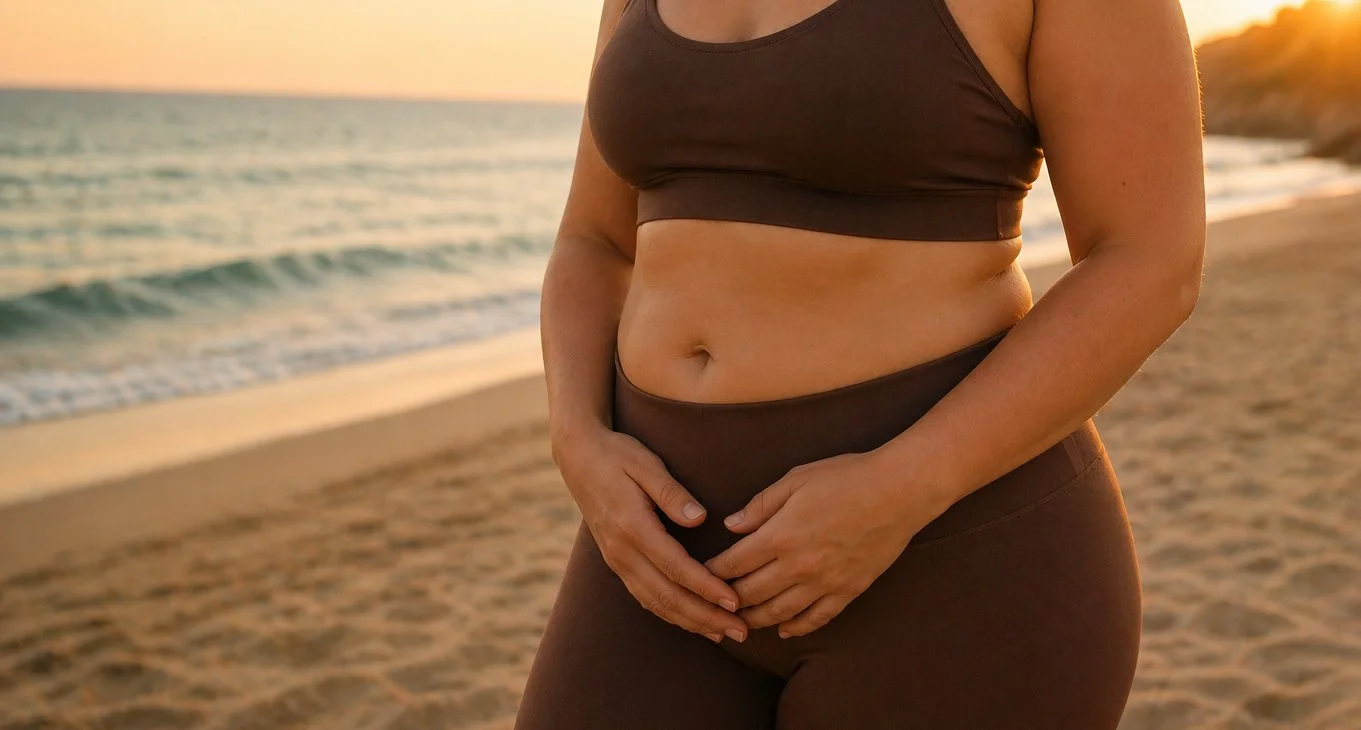 A woman in brown sportswear standing on a sandy beach during sunset, with her hands resting on her lower abdomen.
