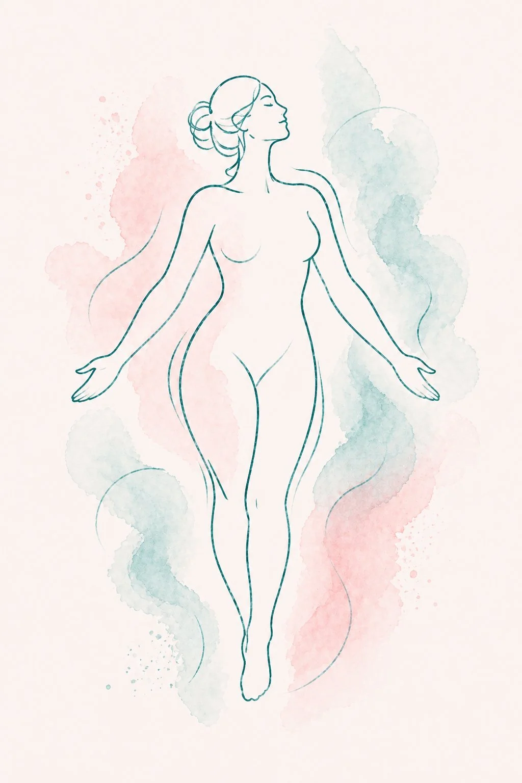 Line drawing of a woman with open arms, surrounded by light pink and blue watercolor background.