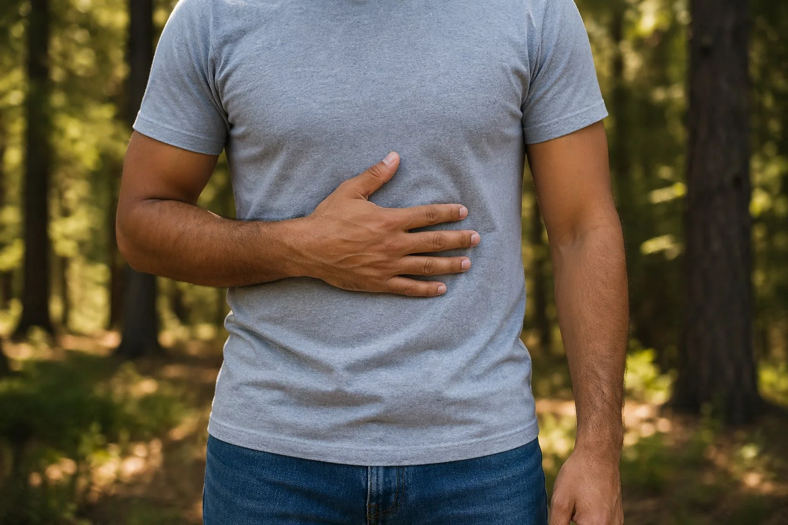 A man in a gray t-shirt holding his stomach with his left hand, standing outdoors in a wooded area with trees and sunlight in the background.
