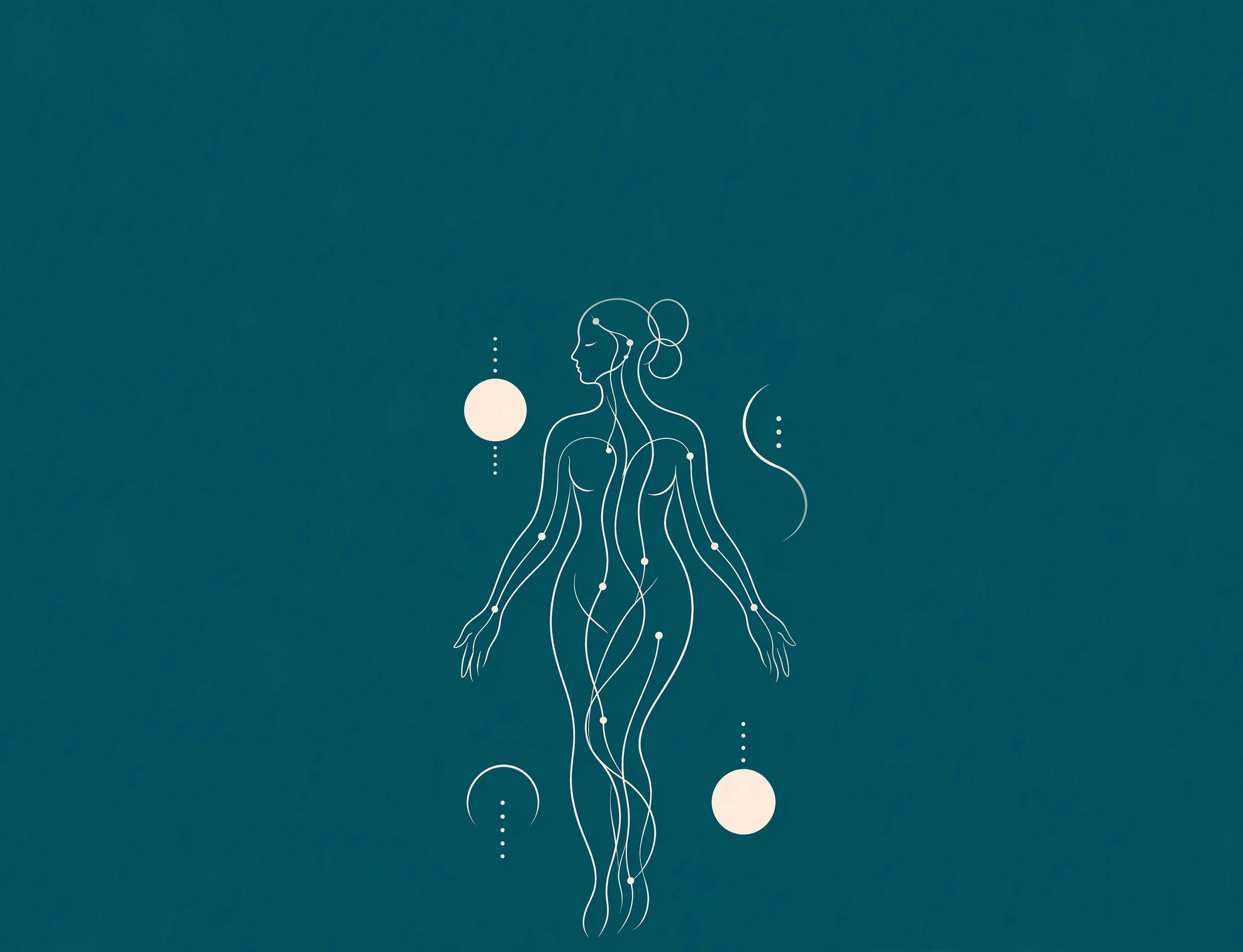 Abstract line drawing of female figure with  meridians loosely depicted as white lines on a teal background.