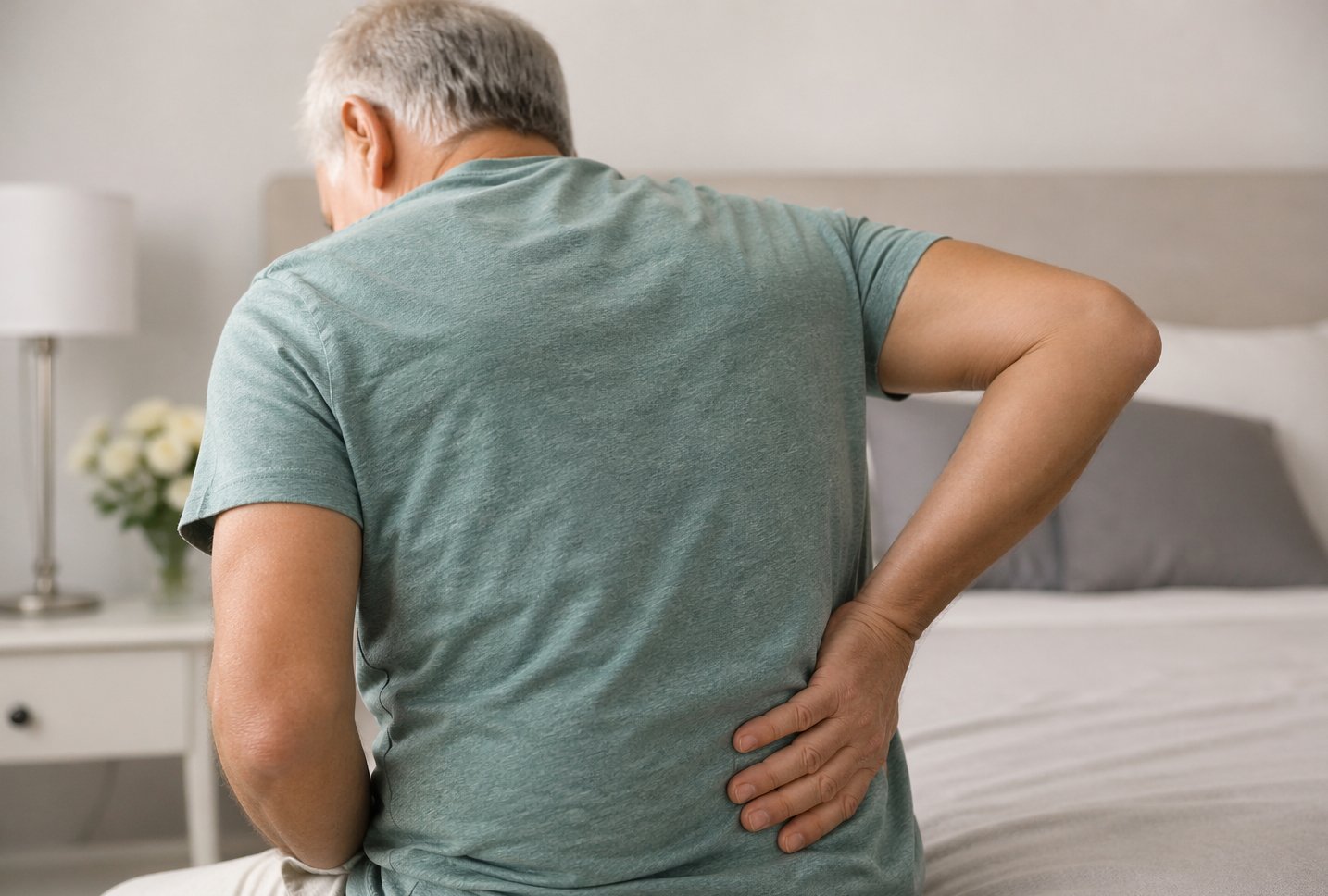 An elderly man with gray hair, wearing a green T-shirt, is sitting on the edge of a bed, holding his lower back in pain.