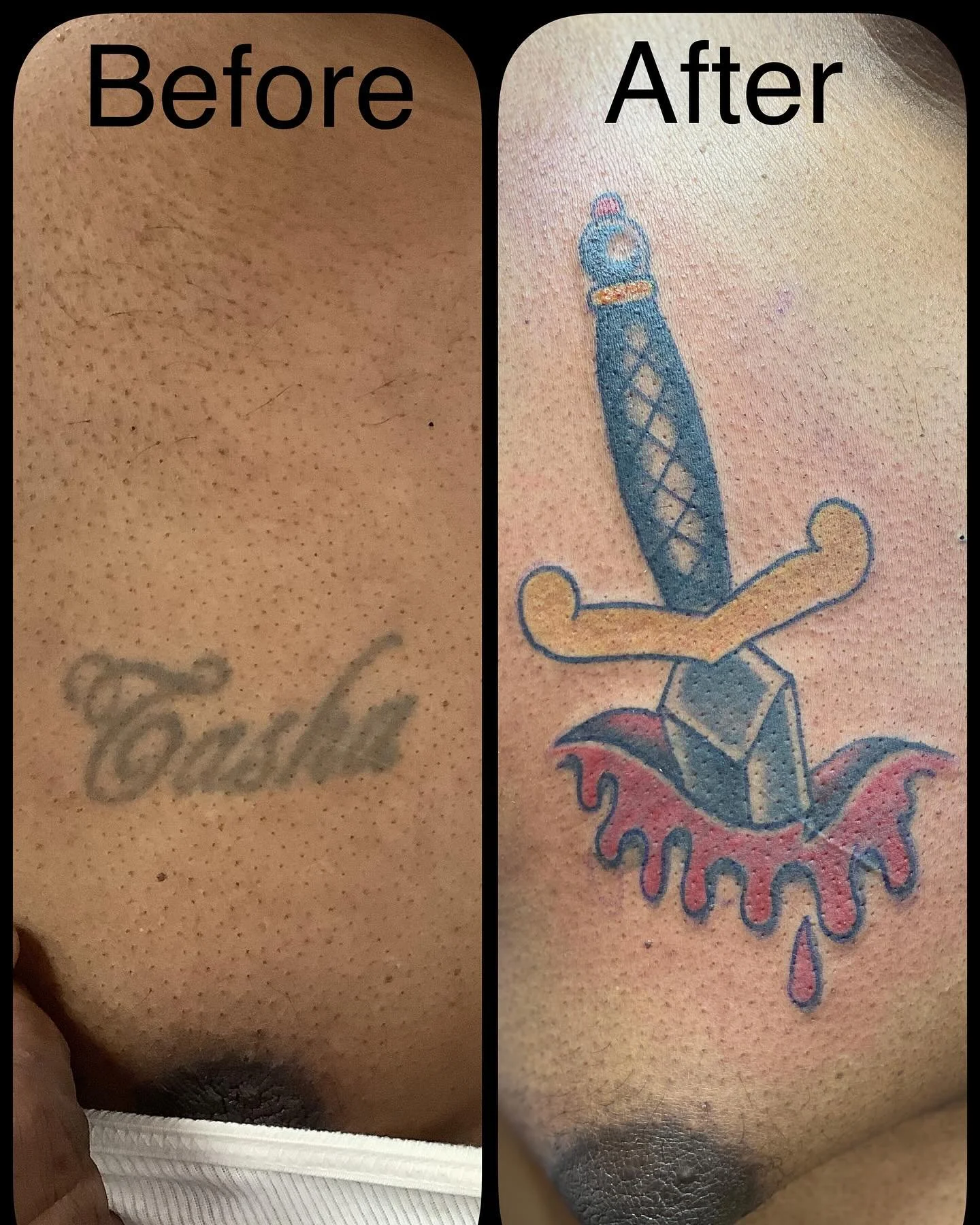 Classic cover-up by @leftysirons ✨🗡️ proof its never too late for a fresh start. Lefty is on walk-ins thursday&rsquo;s &amp; friday&rsquo;s of each week, stop on by if you&rsquo;re ready for a change !