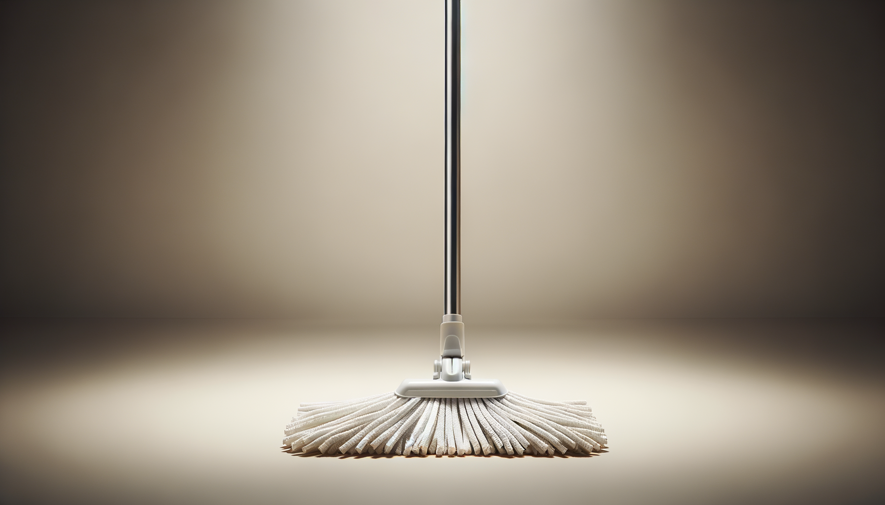 A mop with a long handle and white mop head resting on a flat surface in front of a plain background.