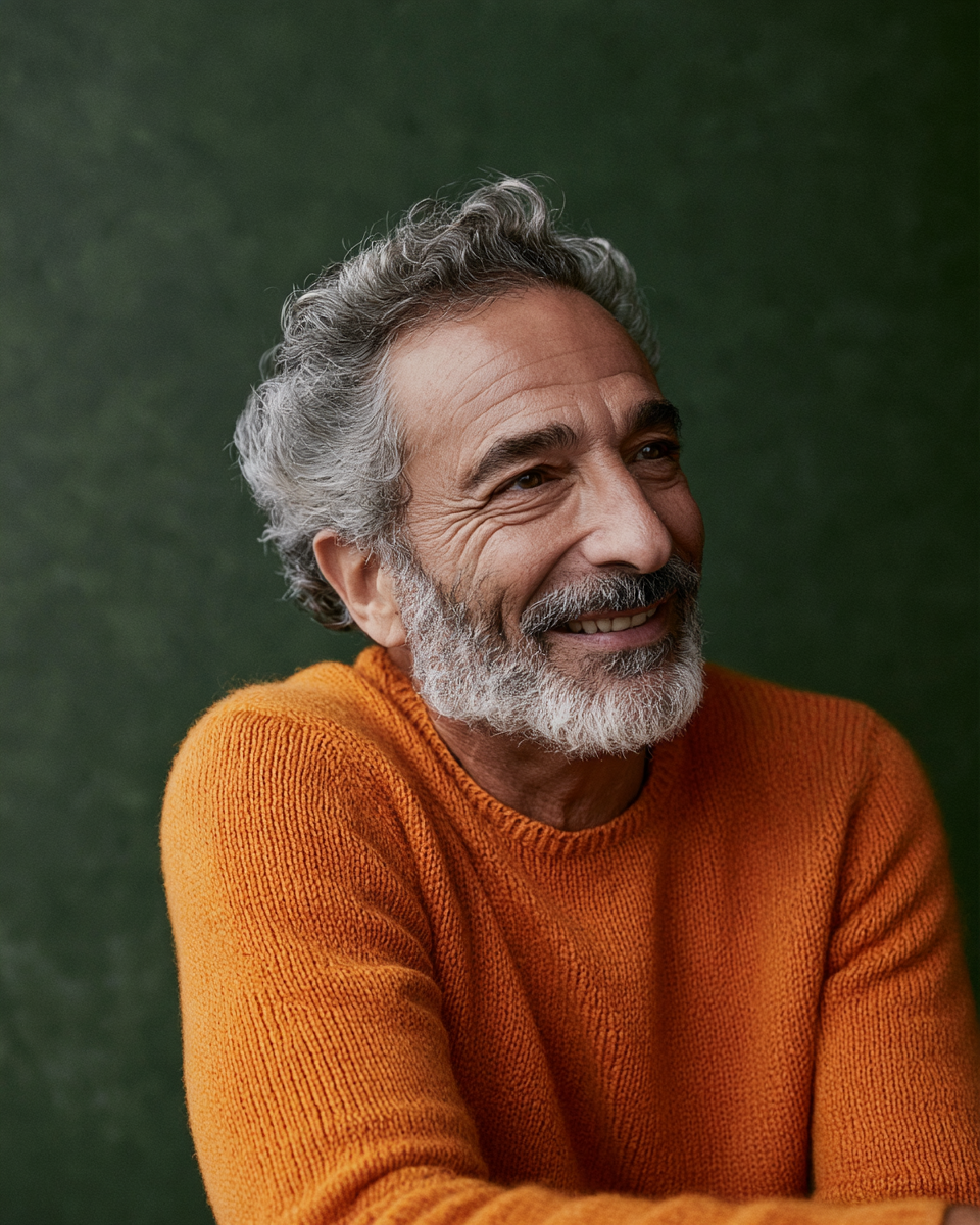 Hombre mayor con barba y cabello canoso, sonriendo, usando suéter naranja, con fondo verde.
