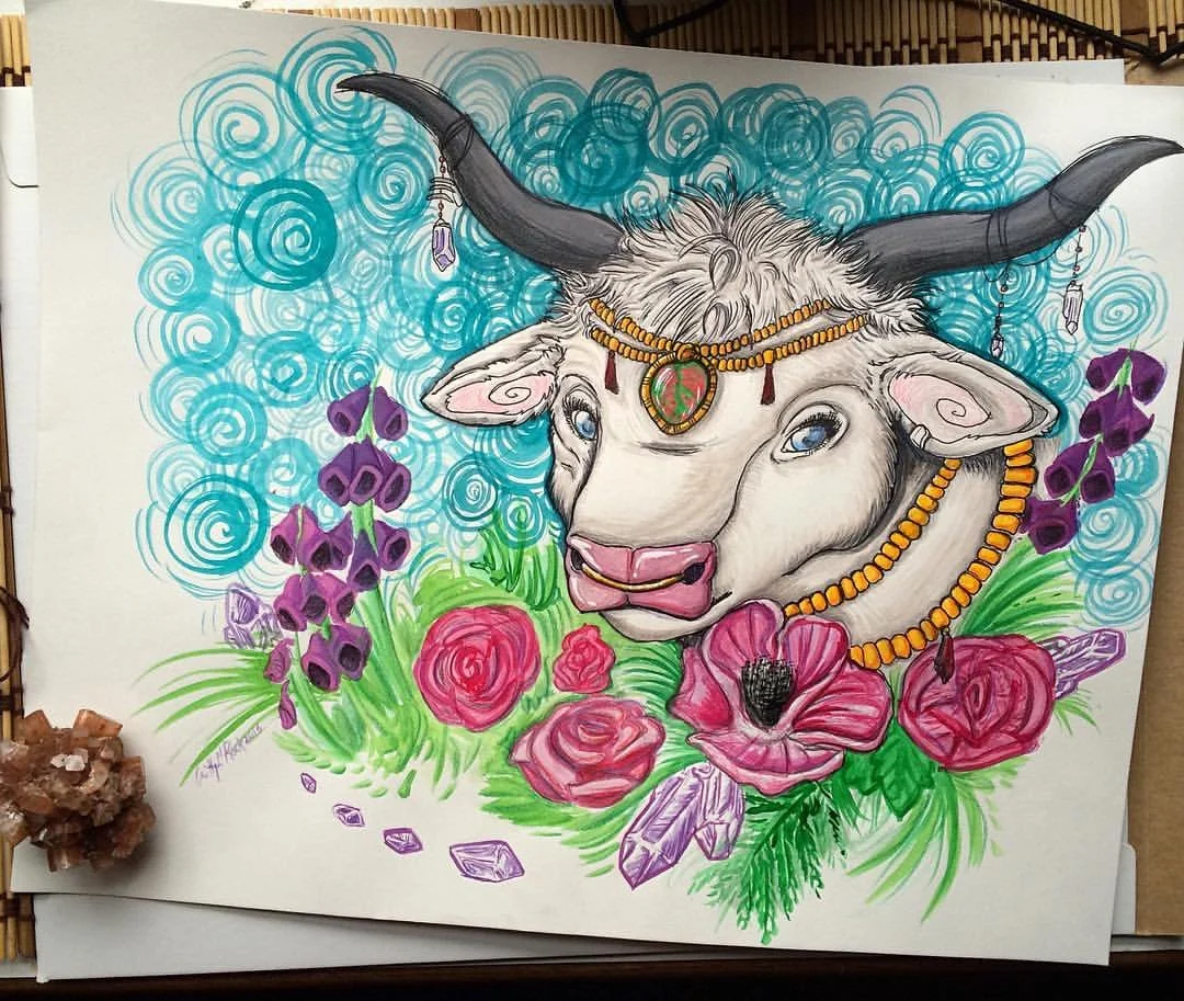 "Unakite Taurus"
9x12inch India Ink Mixed Media on paper
Custom commission in private collection.