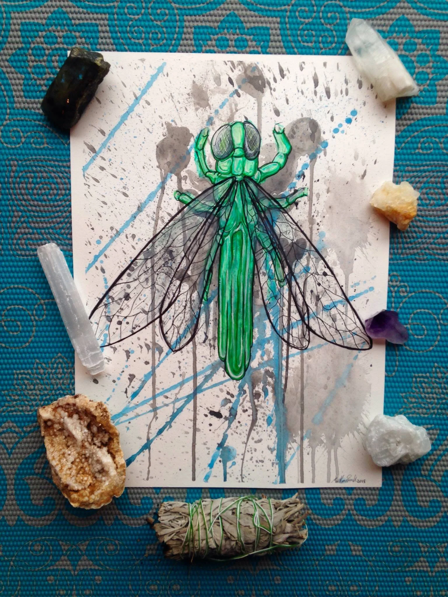 "Tourmaline Dragonfly"
11x15inch watercolor paper
Mixed Media, Acrylic and Ink
In Private Collection