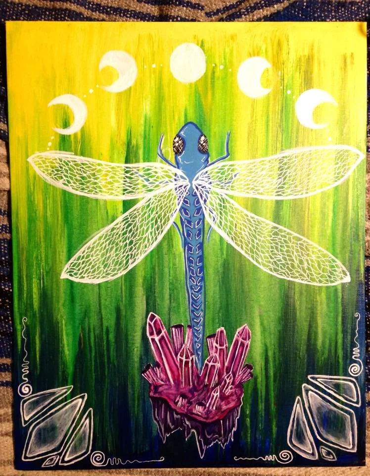 "Crystalline Dragonfly"
12x18inch Chipboard
Acrylic Paint
Live Painted to dadARM and Aliver Hall at Casa Nueva in Athens OH Jan 2015