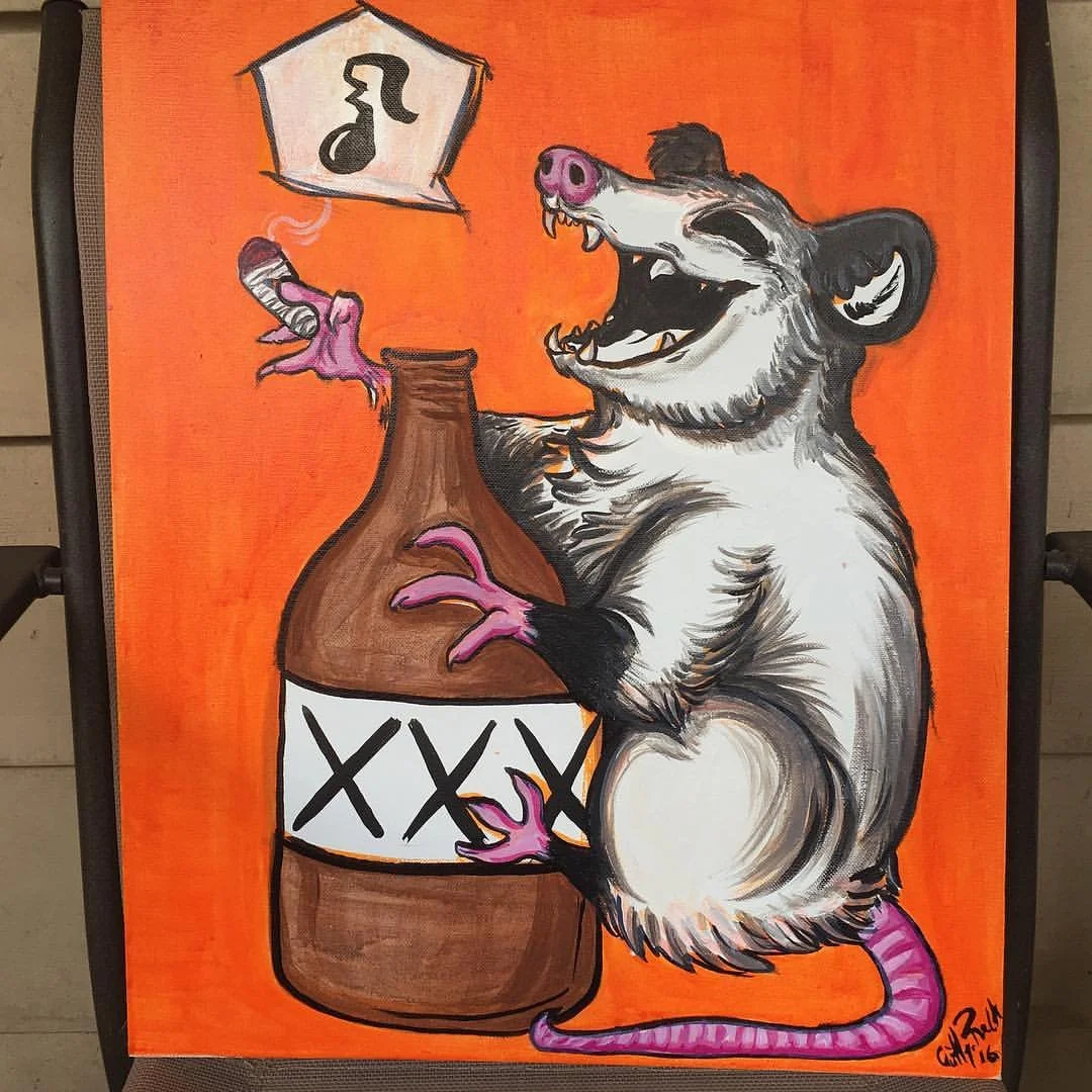 "Awesome Possum"
16x20inch ink and acrylic on canvas
Live painted to Rumpke Mountain Boys in Athens Ohio. 
In Private Collection.