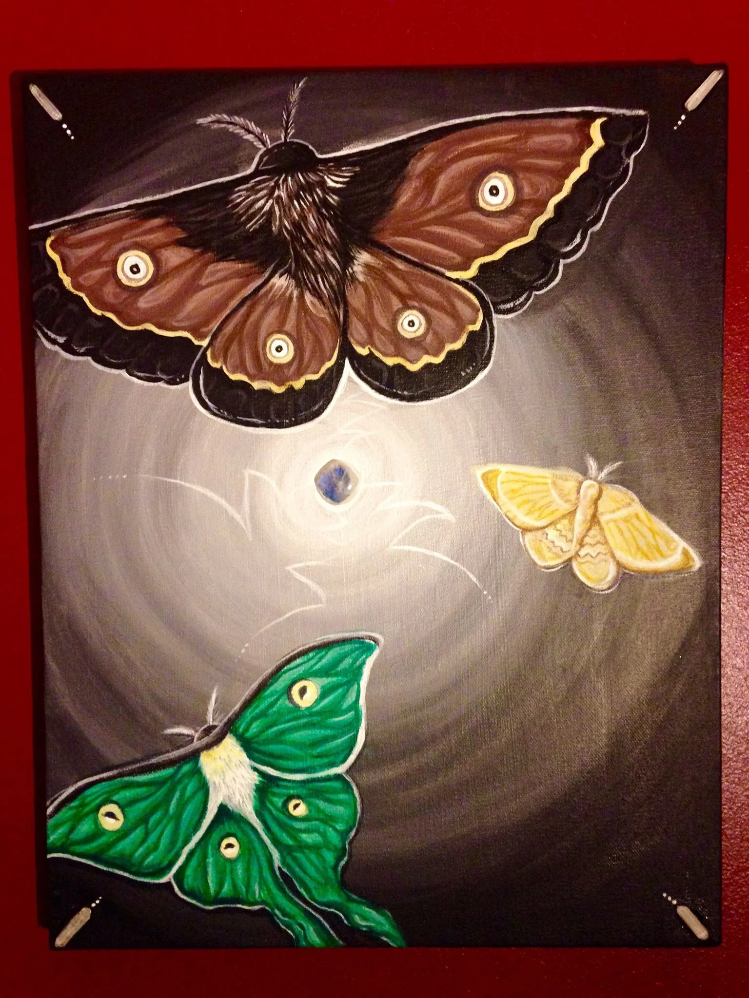 "Moonstone Moths"
11x15inch canvas
Acrylic Paint, Quartz Crystals and Grade A Moonstone 
In Private Collection
