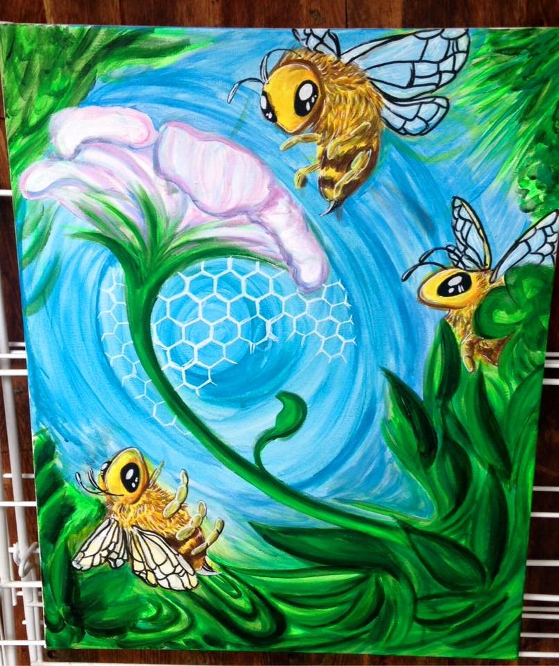 "Busy Bees"
11x14inch canvas
Acrylic Paint and Blacklight Paint
In Private Collection