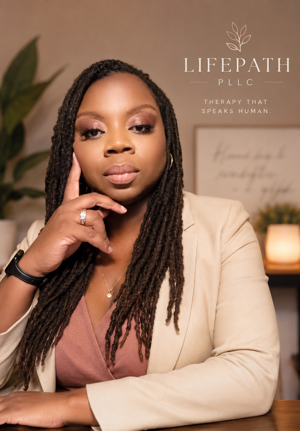 A woman with long dreadlocks, wearing a beige blazer and pink blouse, sitting at a desk in a professional setting. The background includes blurred decor and a candle, with the text 'LIFEPATH PLLC' and the tagline 'Therapy that speaks human' in the upper right corner.