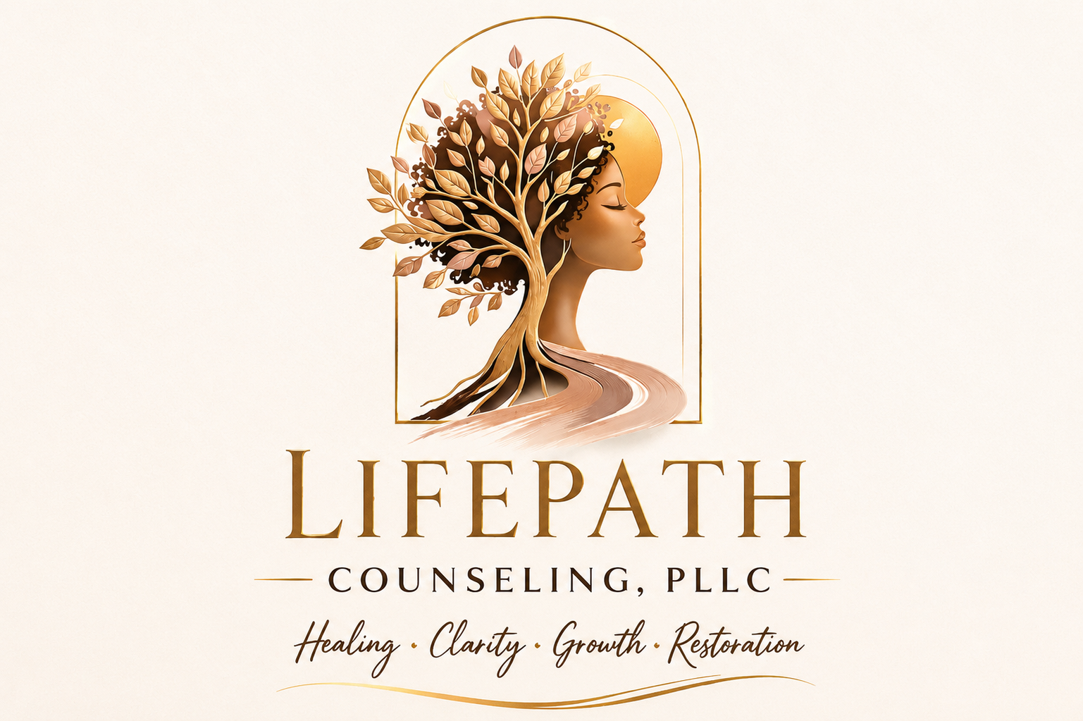 Logo for LifePath Counseling, PLLC featuring a stylized woman with a tree growing from her head, symbolizing healing and growth, with the tagline Healing, Clarity, Growth, Restoration.
