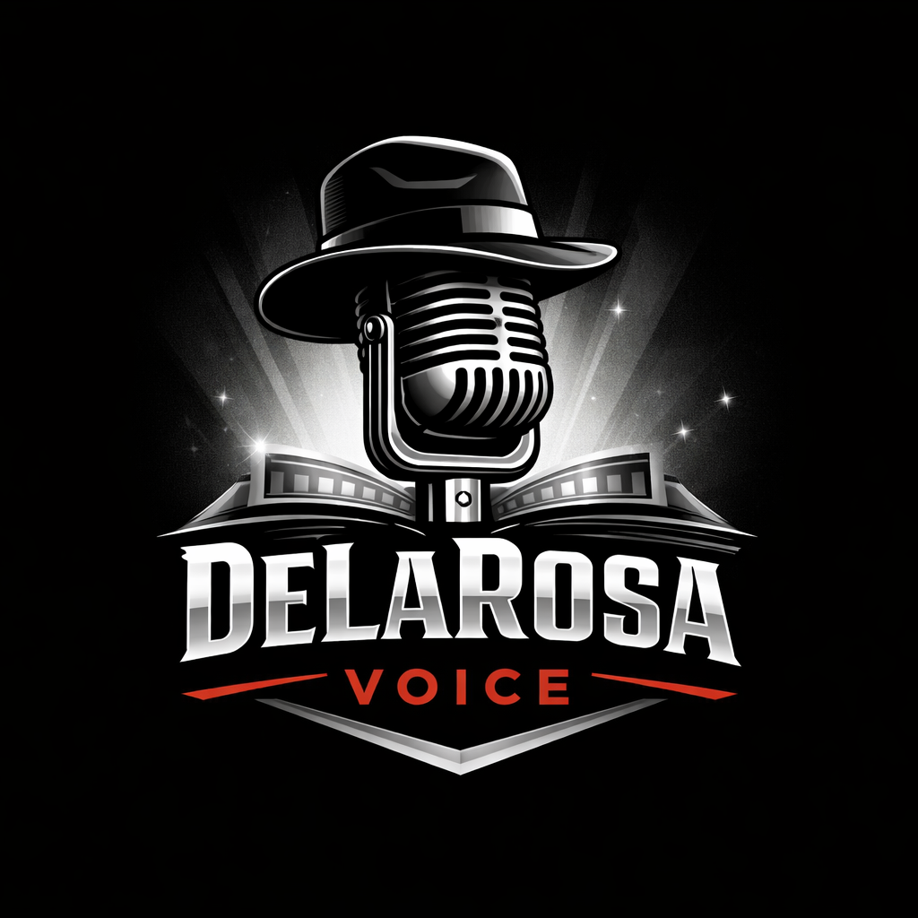 Brand logo for Delarosa Voice featuring a vintage microphone wearing a fedora hat, set against a dark background with light rays and stars.