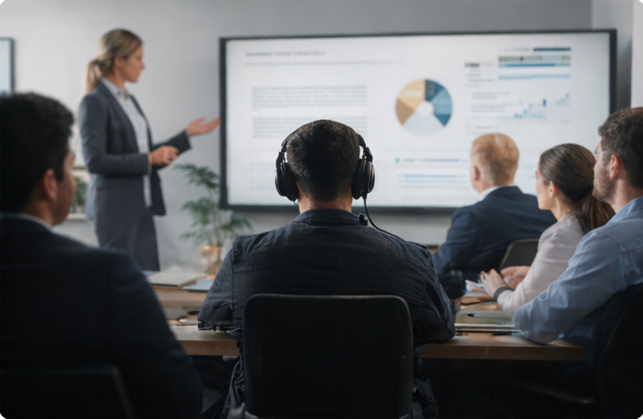 A professional woman presenting to a group in a conference room with a large screen displaying charts and graphs.