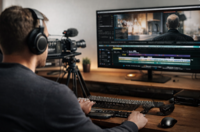 Person editing video on computer with dual monitors in a home office