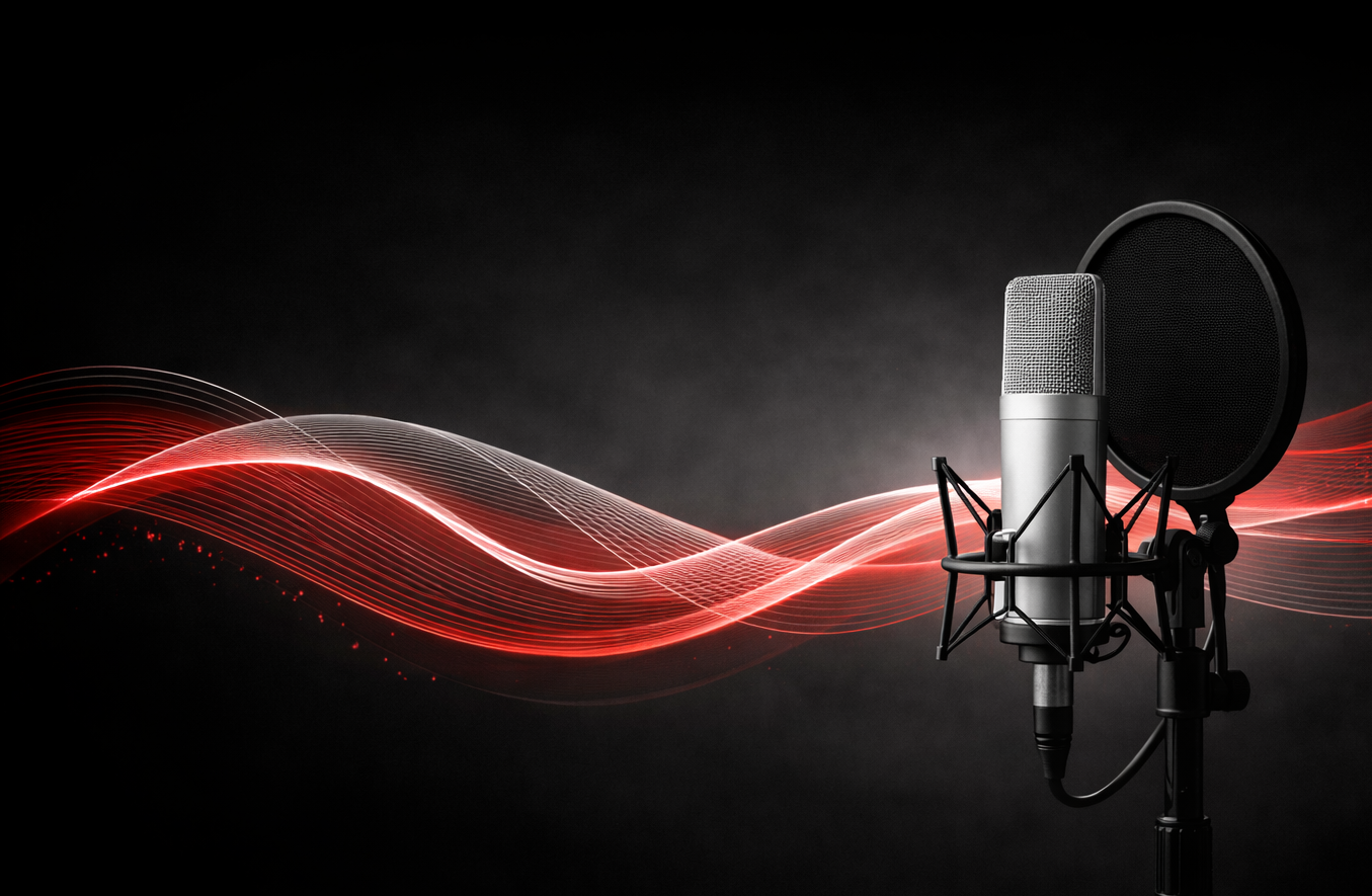 Studio microphone with a pop filter in front of red and white waveforms on a black background.