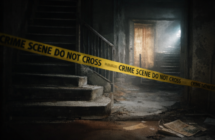 Dark, abandoned building interior with a staircase and yellow crime scene tape across the entrance.