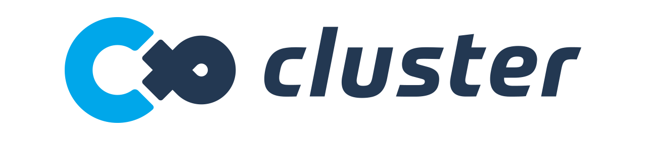 Logo of a blue and black interconnected design with the word 'cluster' written next to it.