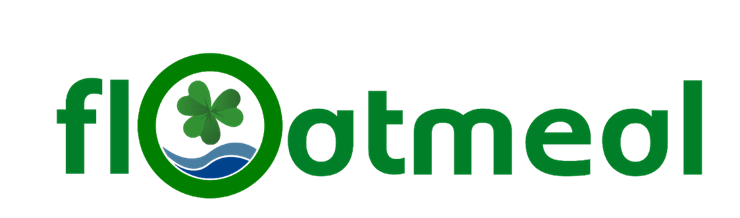 Logo for floatmeal featuring a green four-leaf clover inside a circle, with water waves below, and the words 'floatmeal' in green, with 'float' and 'meal' combined.