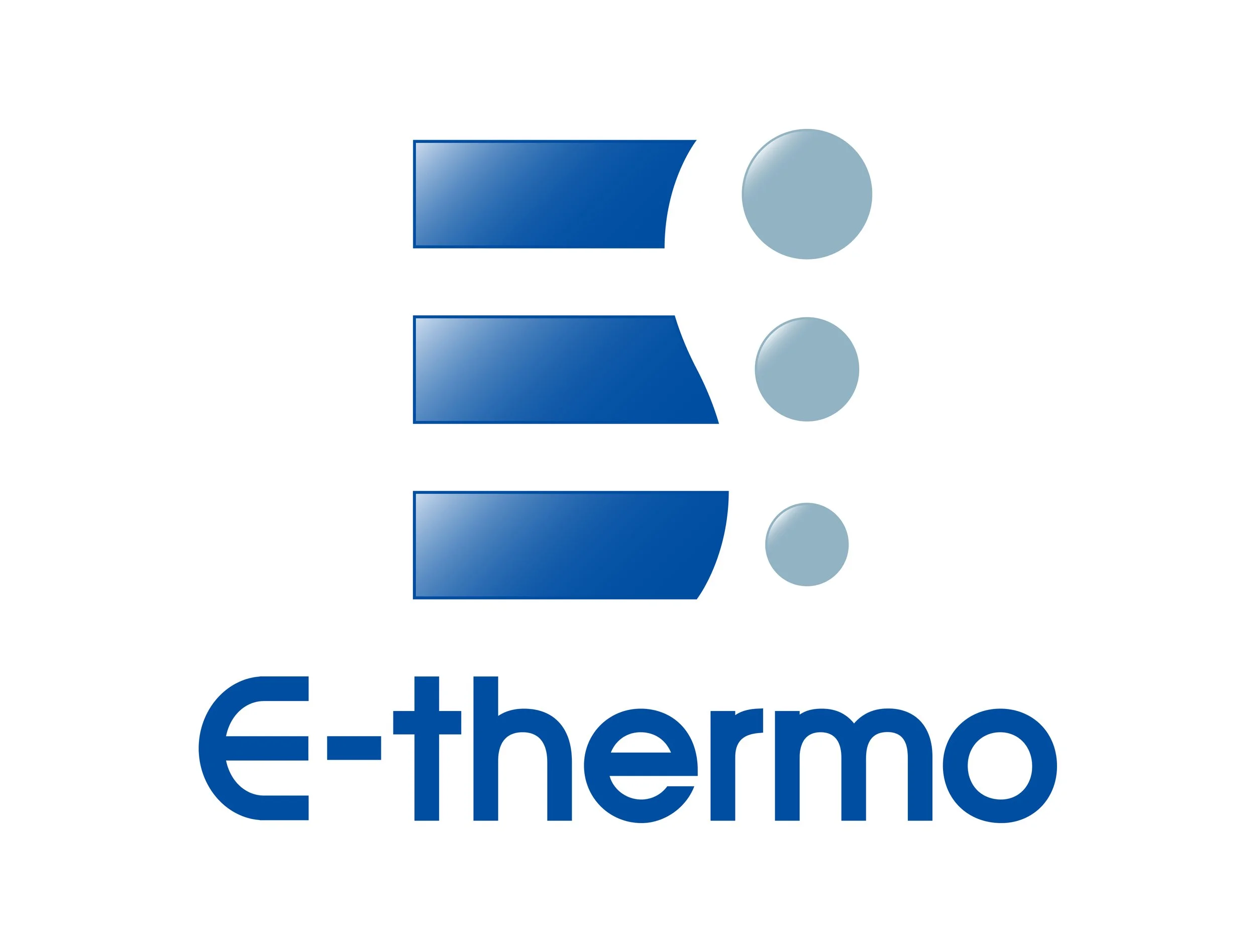 E-thermo logo with three horizontal blue bars and gray circles beside each, and the word 'E-thermo' below in blue text.
