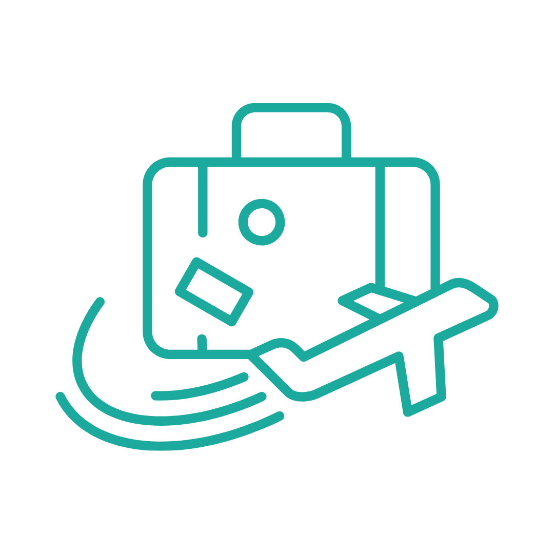 Line drawing of a suitcase, a paddle, and a life ring, symbolizing travel and water activities.