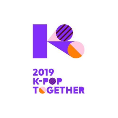 Logo with abstract shapes and text reading "2019 K-POP TOGETHER" in purple, orange, pink, and striped patterns.
