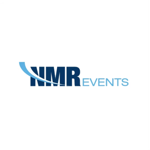 IMR Events logo with blue and dark blue text and curved design element.